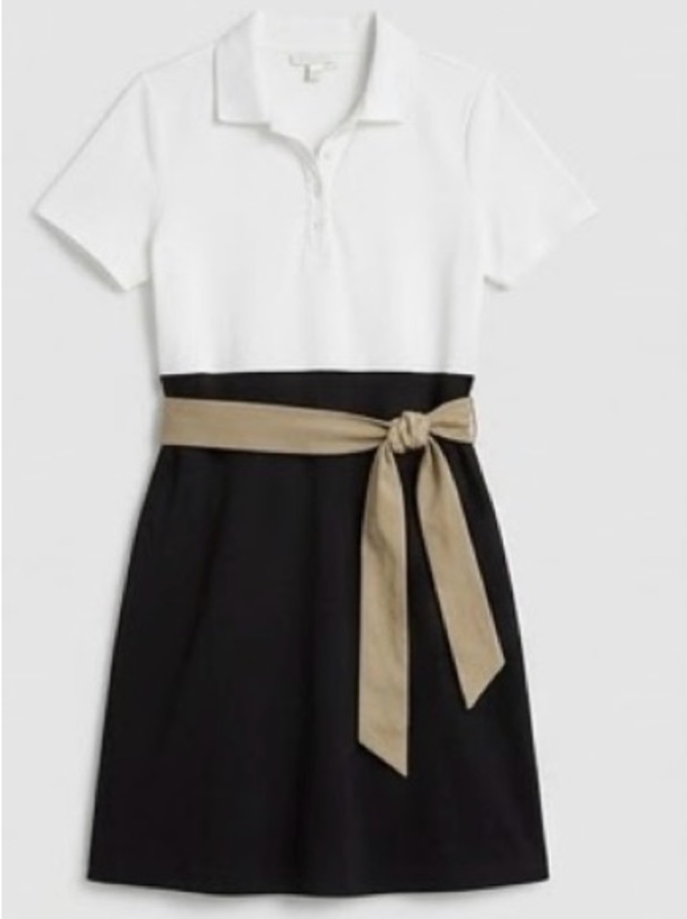Women’s Two-Tone Polo Dress with Sash - White, Black & Tan